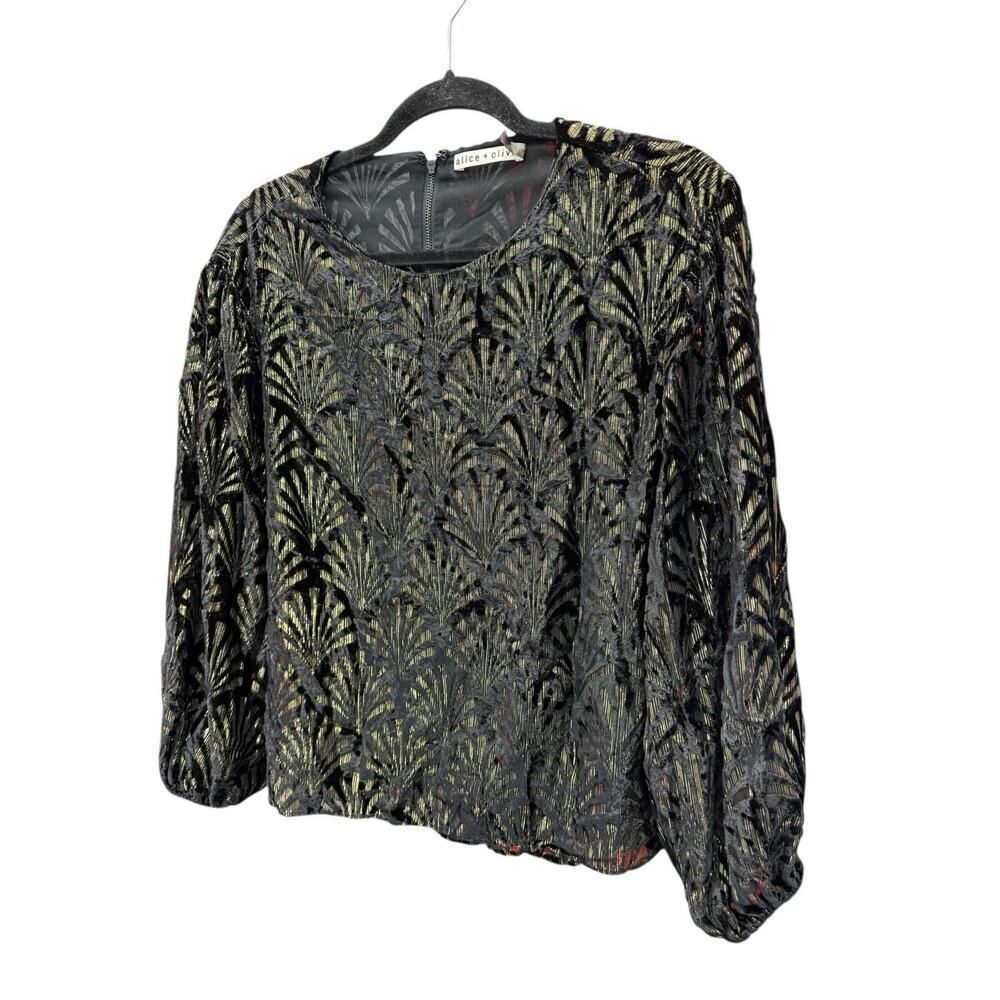 Alice + Olivia Black Metallic Art Deco Blouse Small 3/4 Sleeve Party Top - Picture 3 of 12